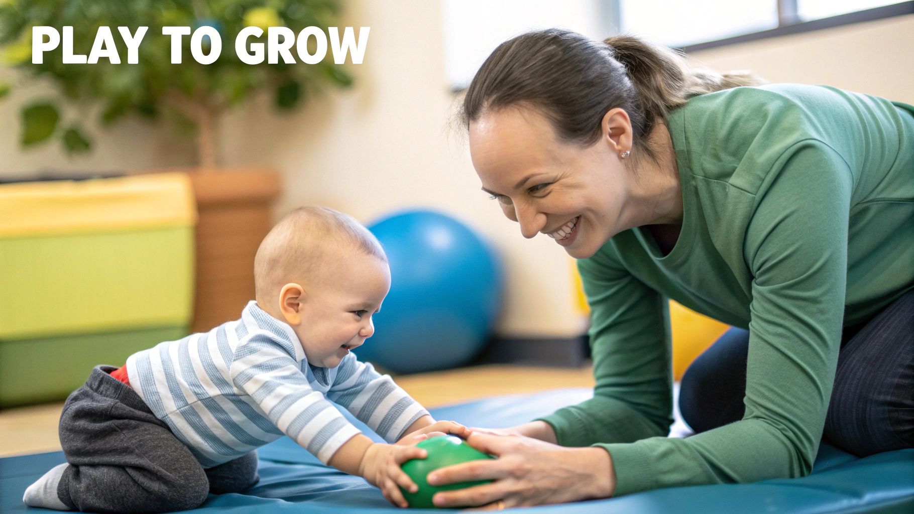 A smiling woman and baby on a mat, playing with a green ball, in a bright therapy room.