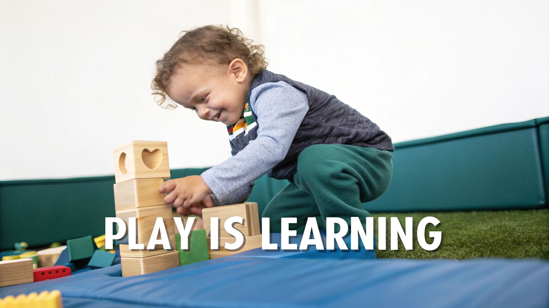 A toddler engaged in playing with colourful wooden toys on the floor.