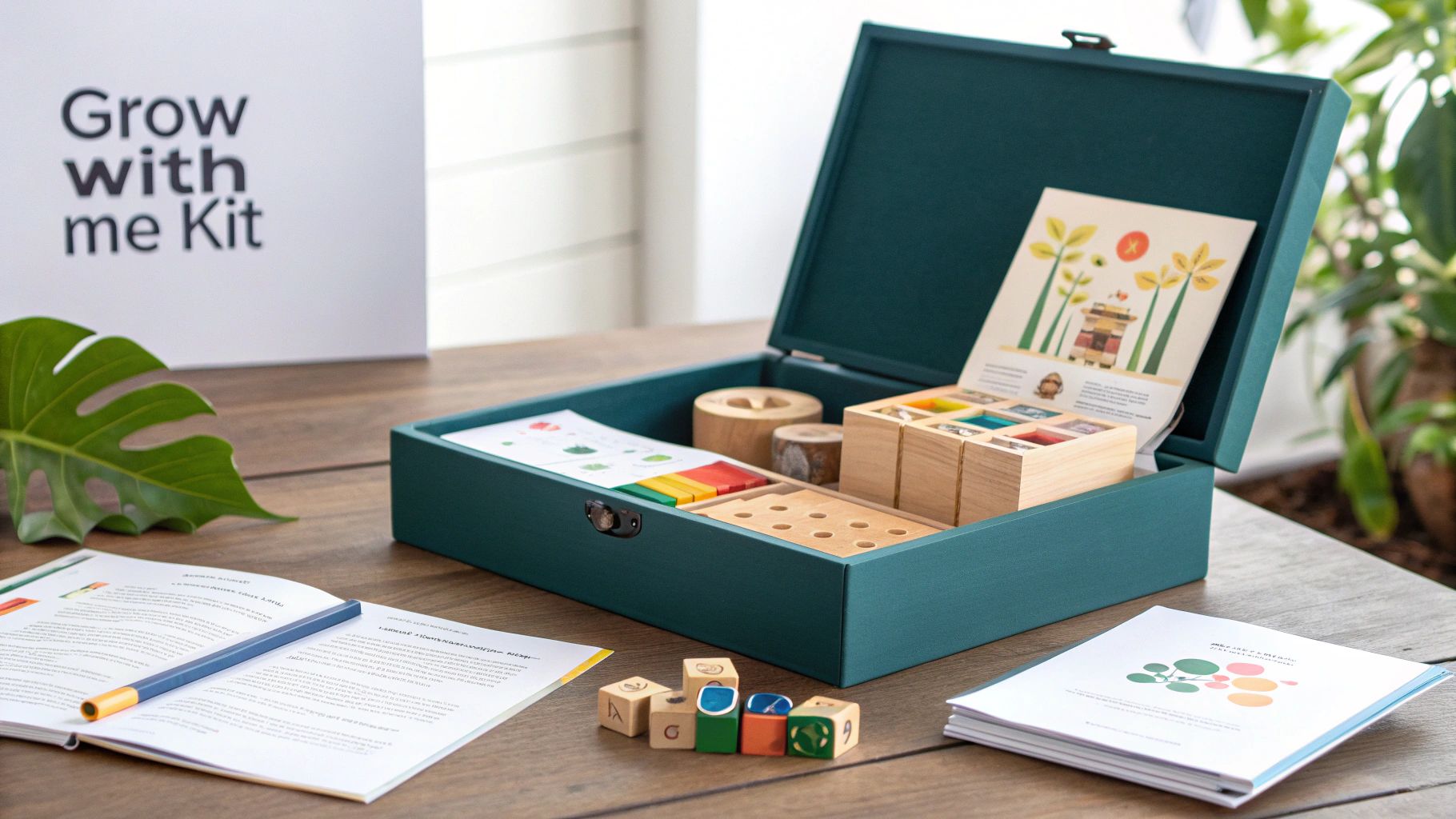 Open teal box with various wooden educational toys, colorful blocks, and instructional booklets on a wooden table.