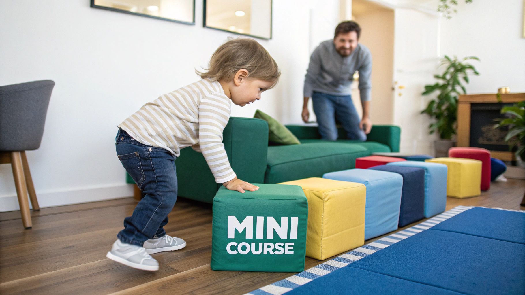 A toddler interacts with colorful soft blocks on the floor, while a man smiles in the background.