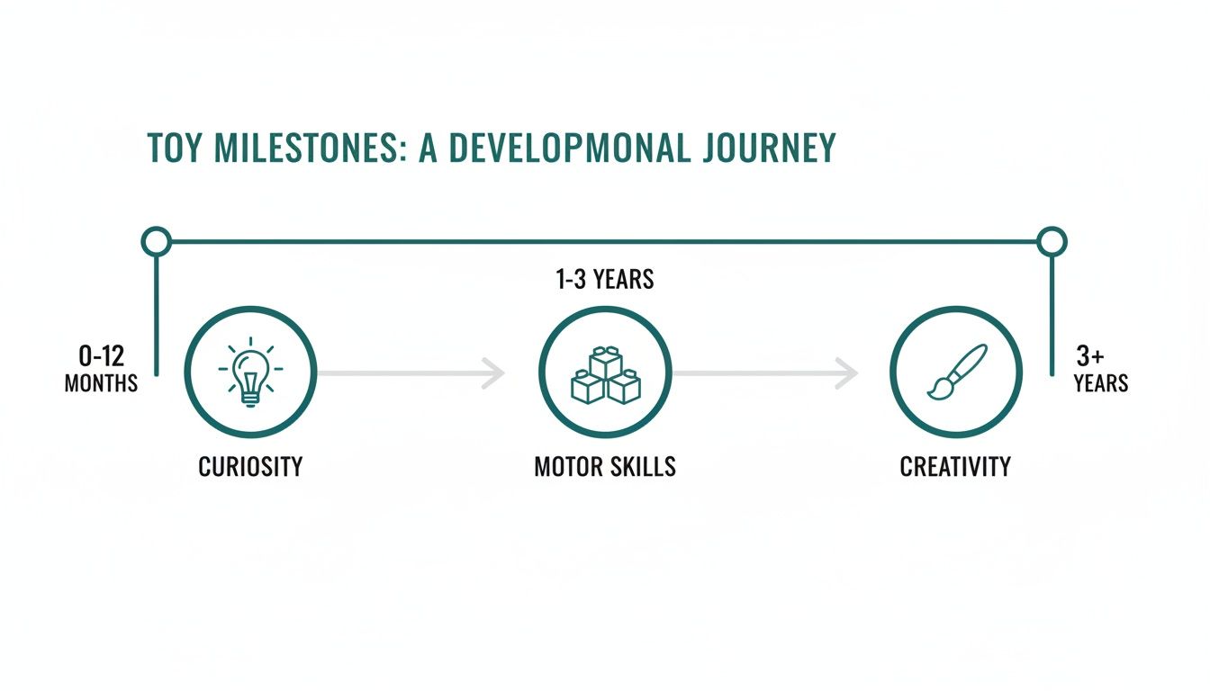 Infographic showing toy milestones for developmental journey: curiosity (0-12 months), motor skills (1-3 years), and creativity (3+ years).