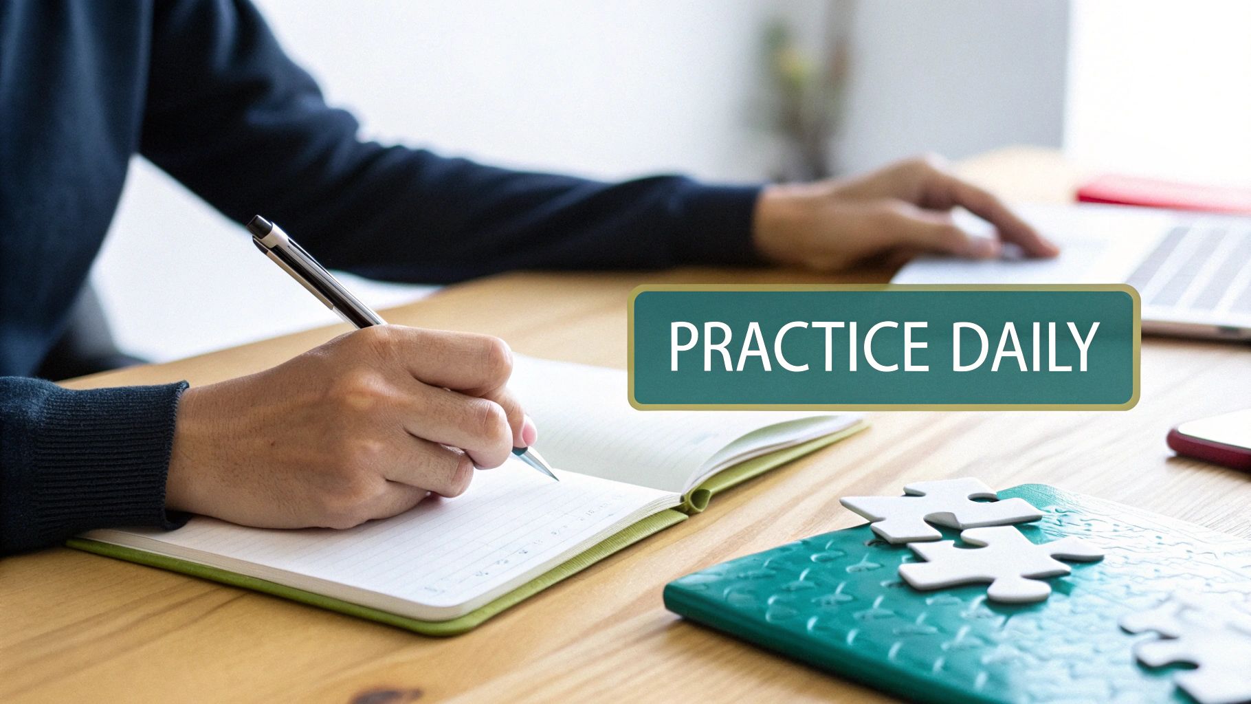 A person's hands assembling a complex jigsaw puzzle on a wooden table, representing the process of building problem-solving skills.