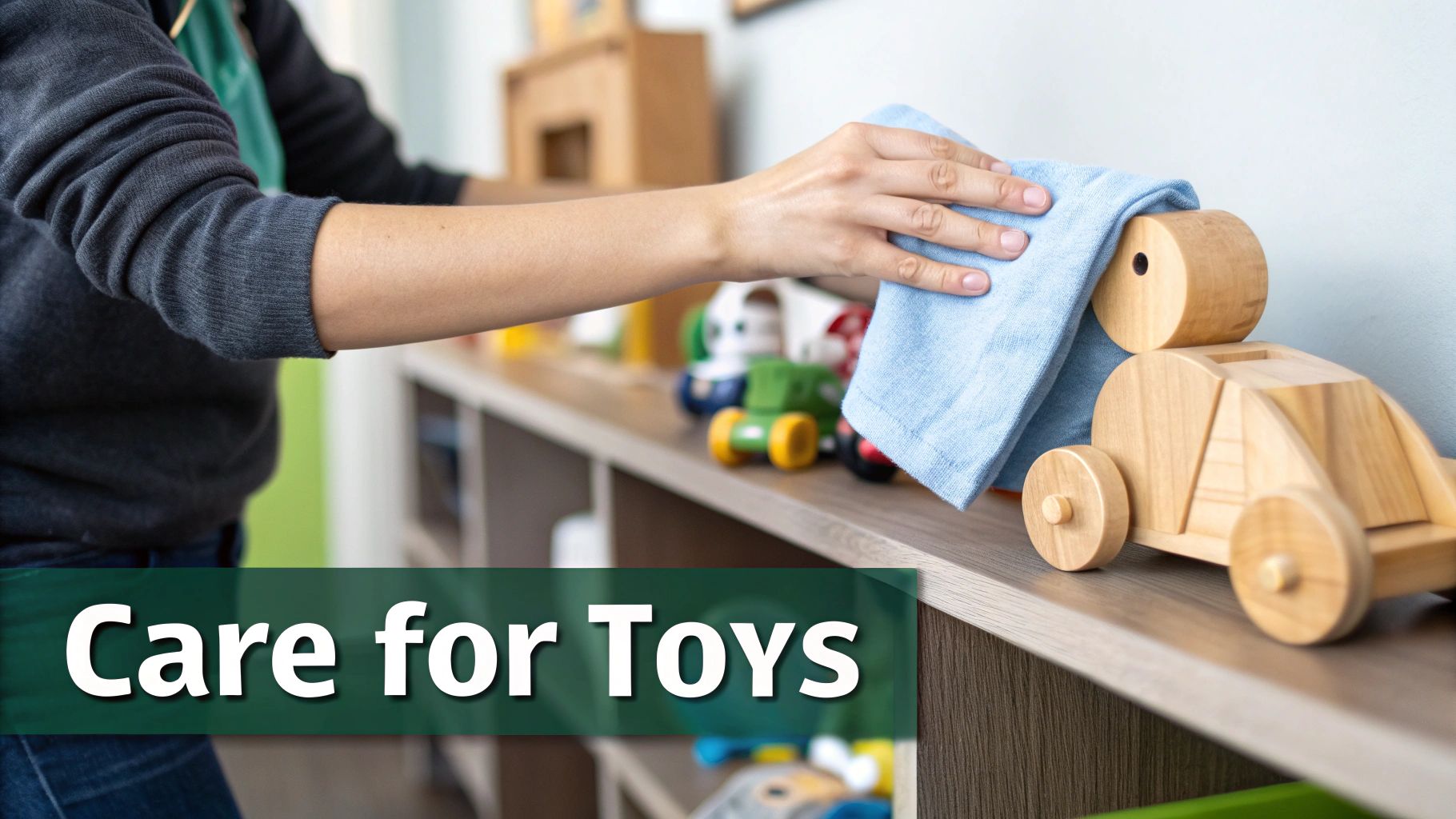 Person cleaning wooden toy truck with blue microfiber cloth on playroom shelf demonstrating toy maintenance
