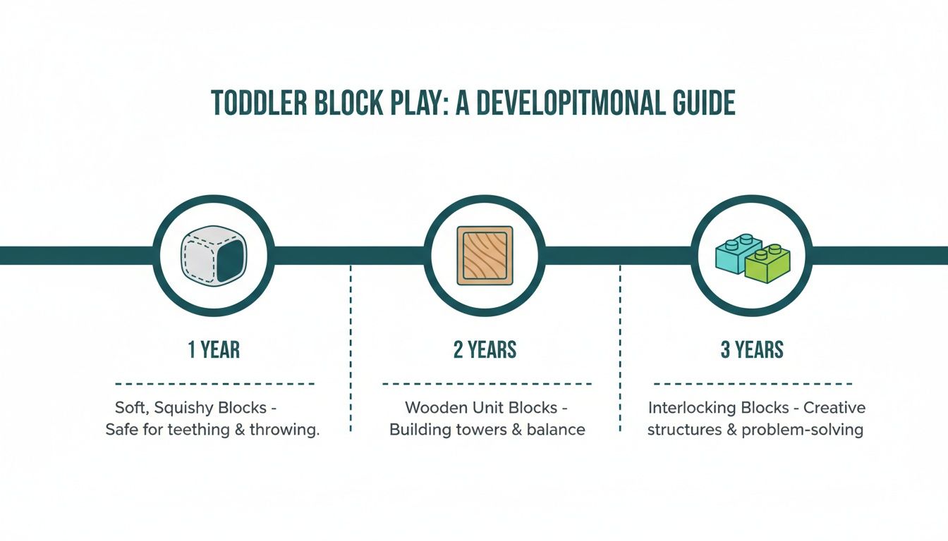 A toddler block play developmental guide showing block types for ages 1, 2, and 3 years.