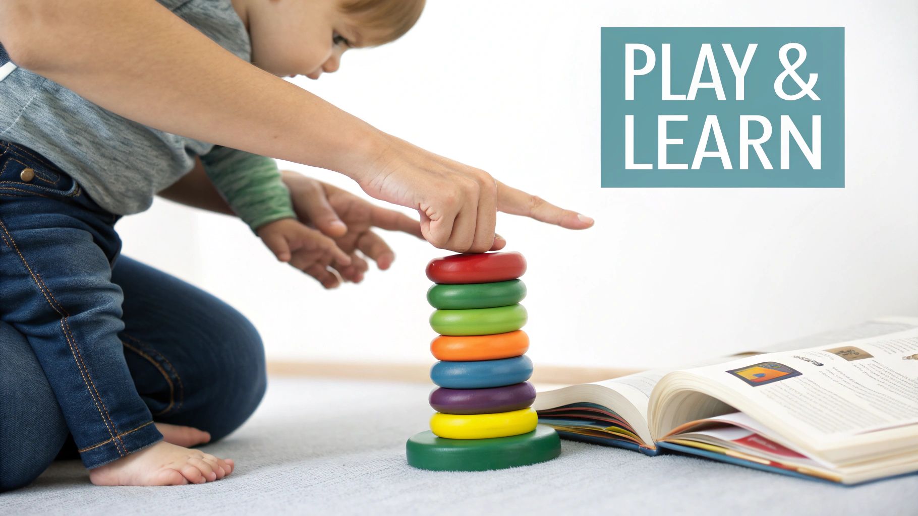An adult and a child playing with a colorful stacking ring toy, emphasizing play and learning.