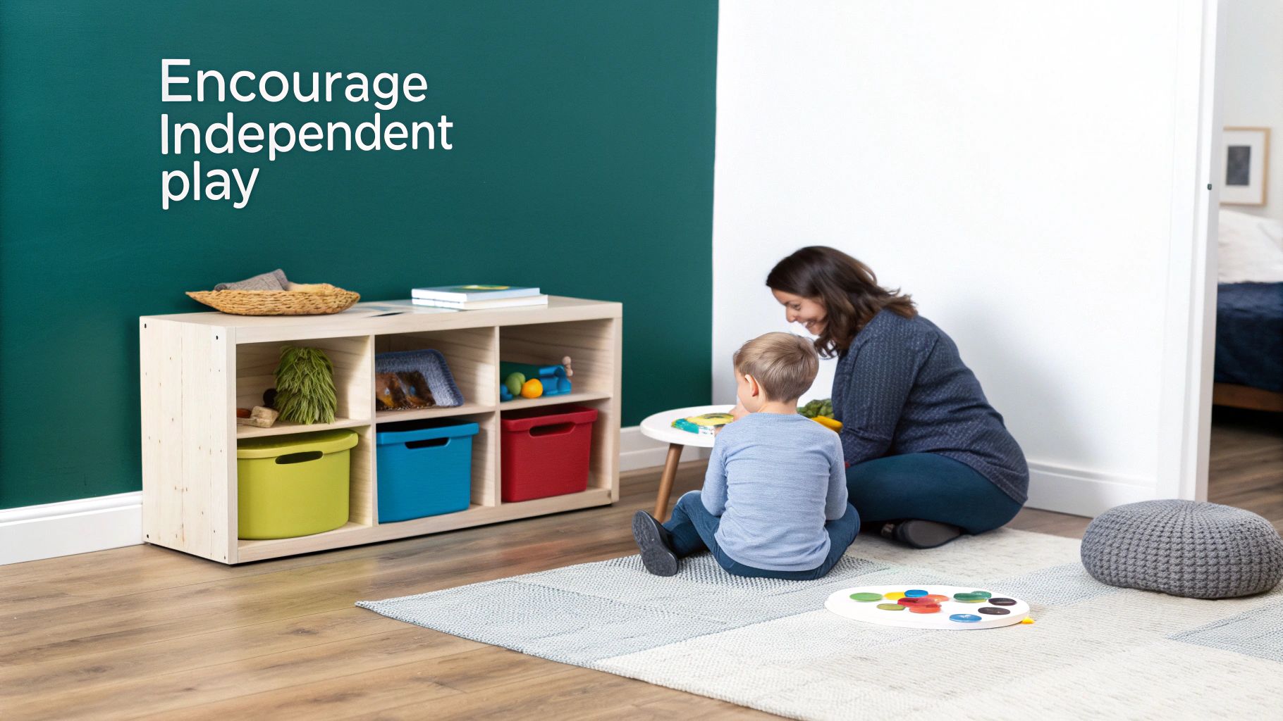 A woman and a young child play together on a rug in a colorful playroom with a wooden storage unit.
