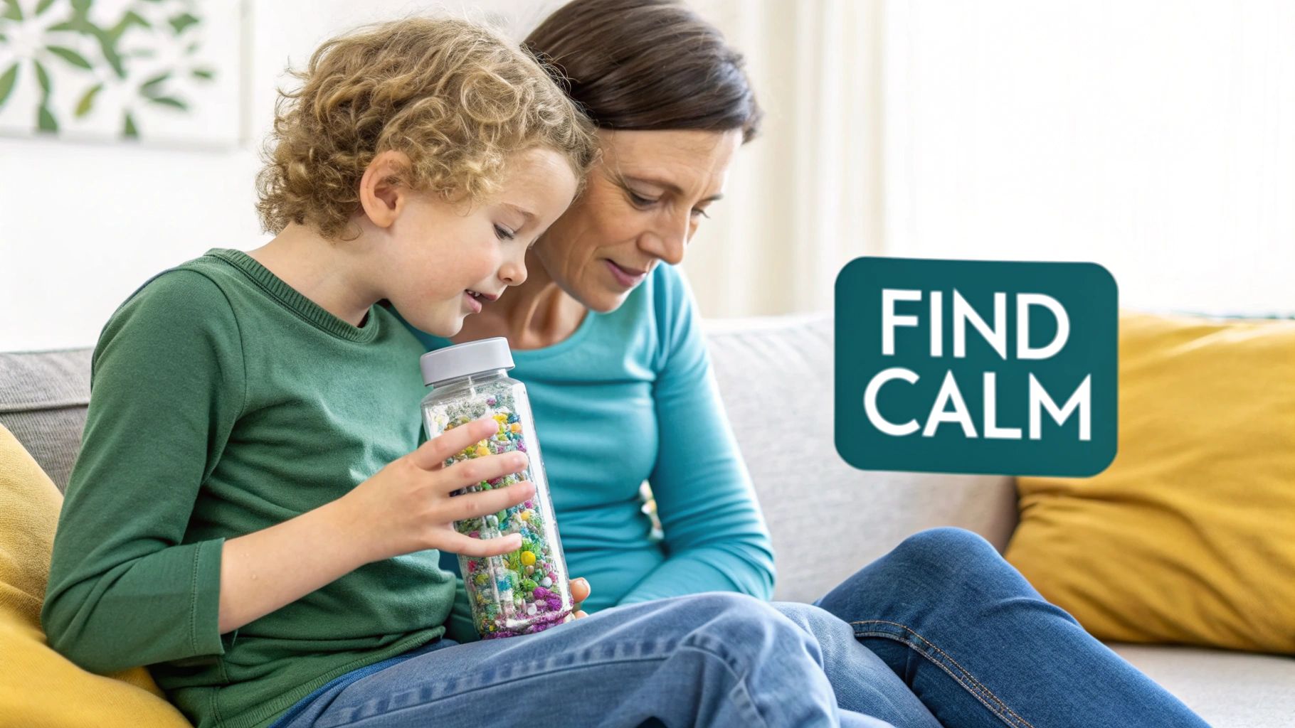 A mother and child on a couch looking at a colorful sensory bottle, finding calm together.