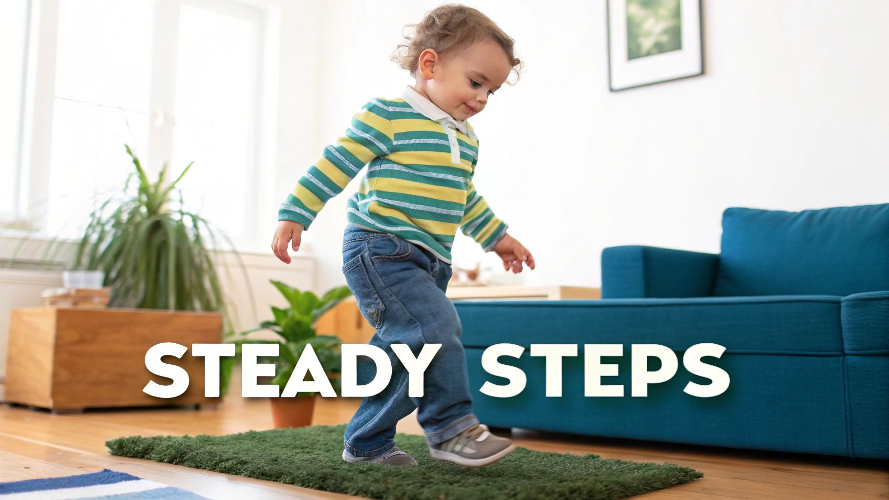 A happy toddler in a striped shirt taking steady steps on a green rug at home.