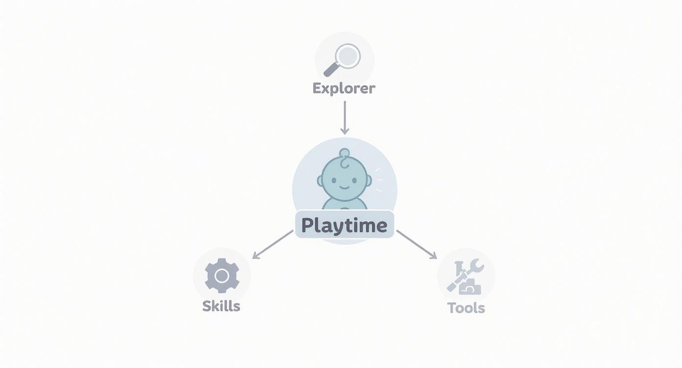 Diagram illustrating baby playtime connecting to exploration, skill development, and learning tools.