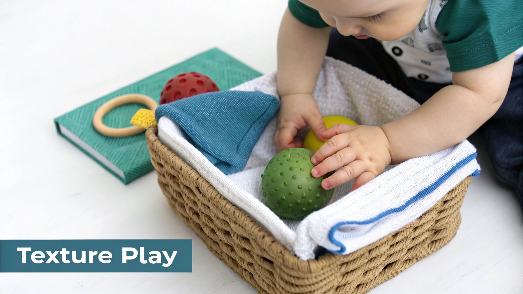 Close-up of a baby's hands exploring various textured toys in a basket for sensory play.