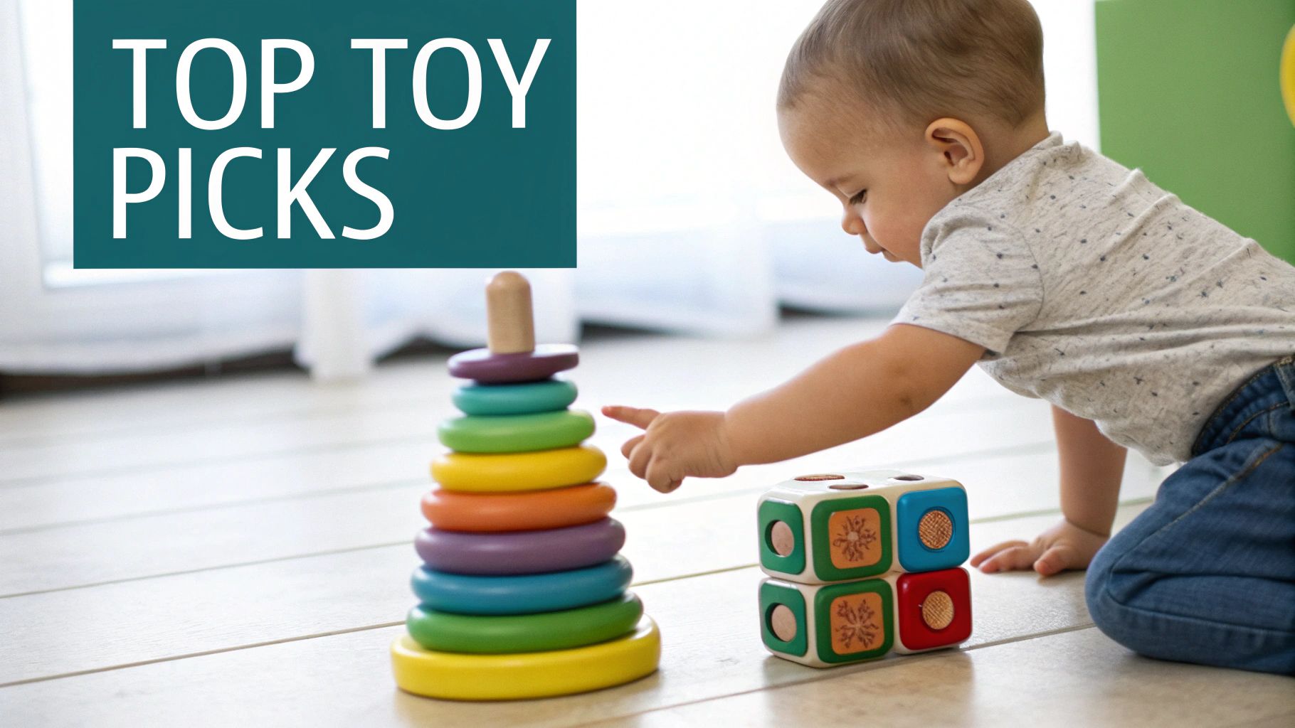 A baby playing with a colorful stacking ring toy and sensory blocks on a wooden floor, with text 'TOP TOY PICKS'.