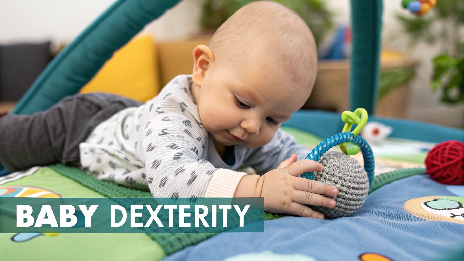 A baby lying on a colourful play mat, reaching for a soft toy.