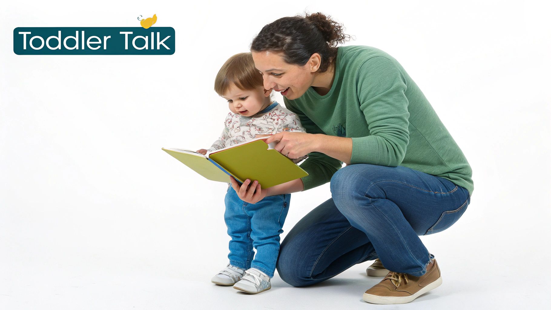 A happy woman and toddler reading a bright green book together on a white background.