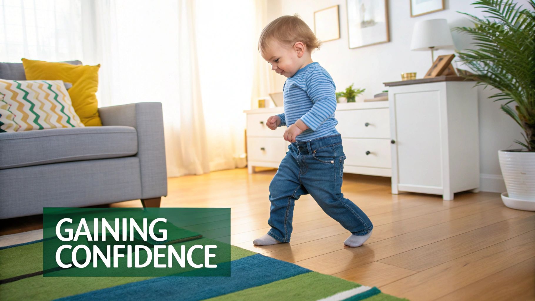 A toddler, dressed in blue, takes cautious steps on a wooden floor, gaining confidence.