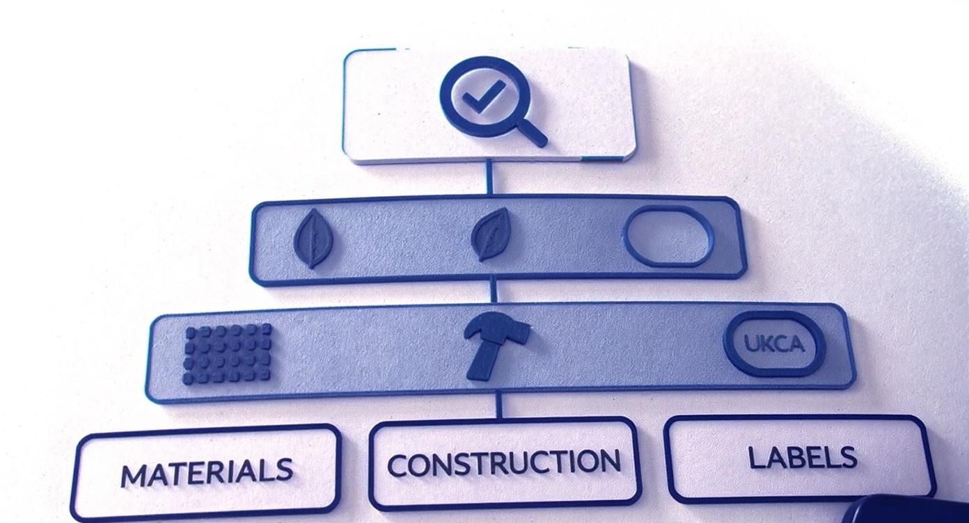 A hierarchical diagram illustrating a compliance process for materials, construction, and labels, culminating in a quality check.
