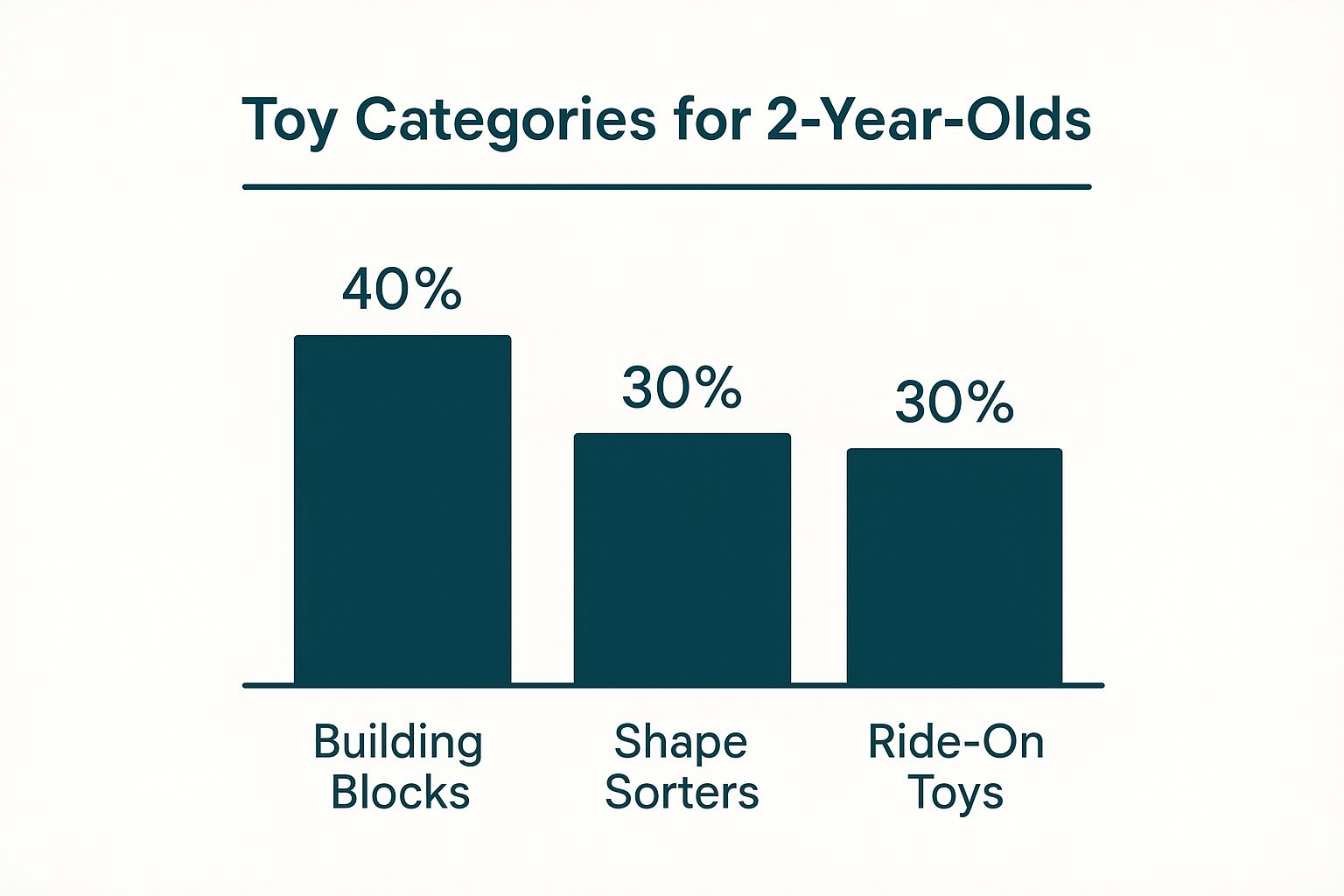 A bar chart showing popular toy categories for 2-year-olds Building Blocks at 40%, Shape Sorters at 30%, and Ride-On Toys at 30%
