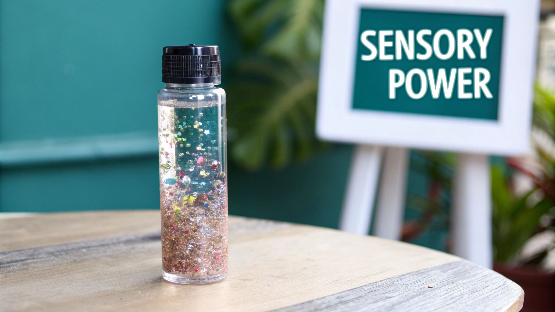 A clear sensory bottle filled with glitter and colorful particles sits on a wooden table, with a 'SENSORY POWER' sign in the background.