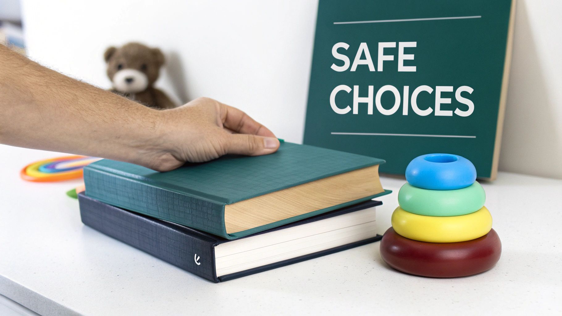 A hand places a green book on a stack of books, with a "SAFE CHOICES" sign and a child's stacking toy in the background.