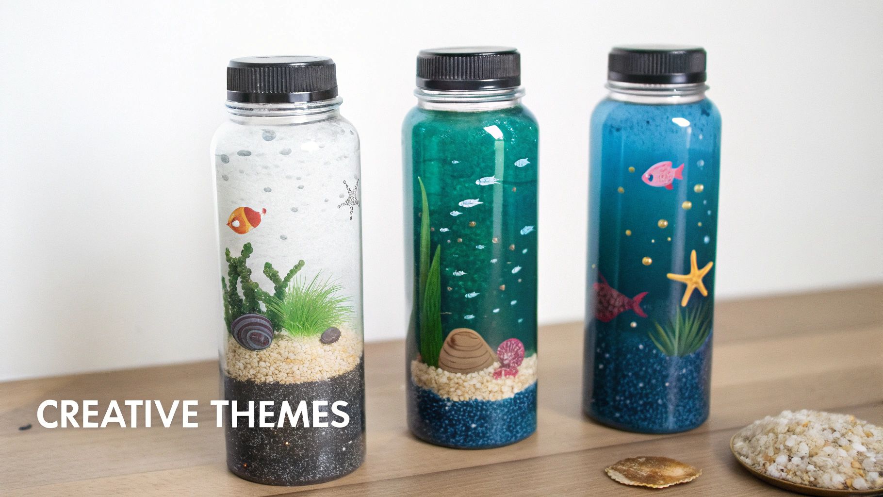 Three vibrant sensory bottles, each depicting unique underwater ocean themes with fish, plants, and sand.