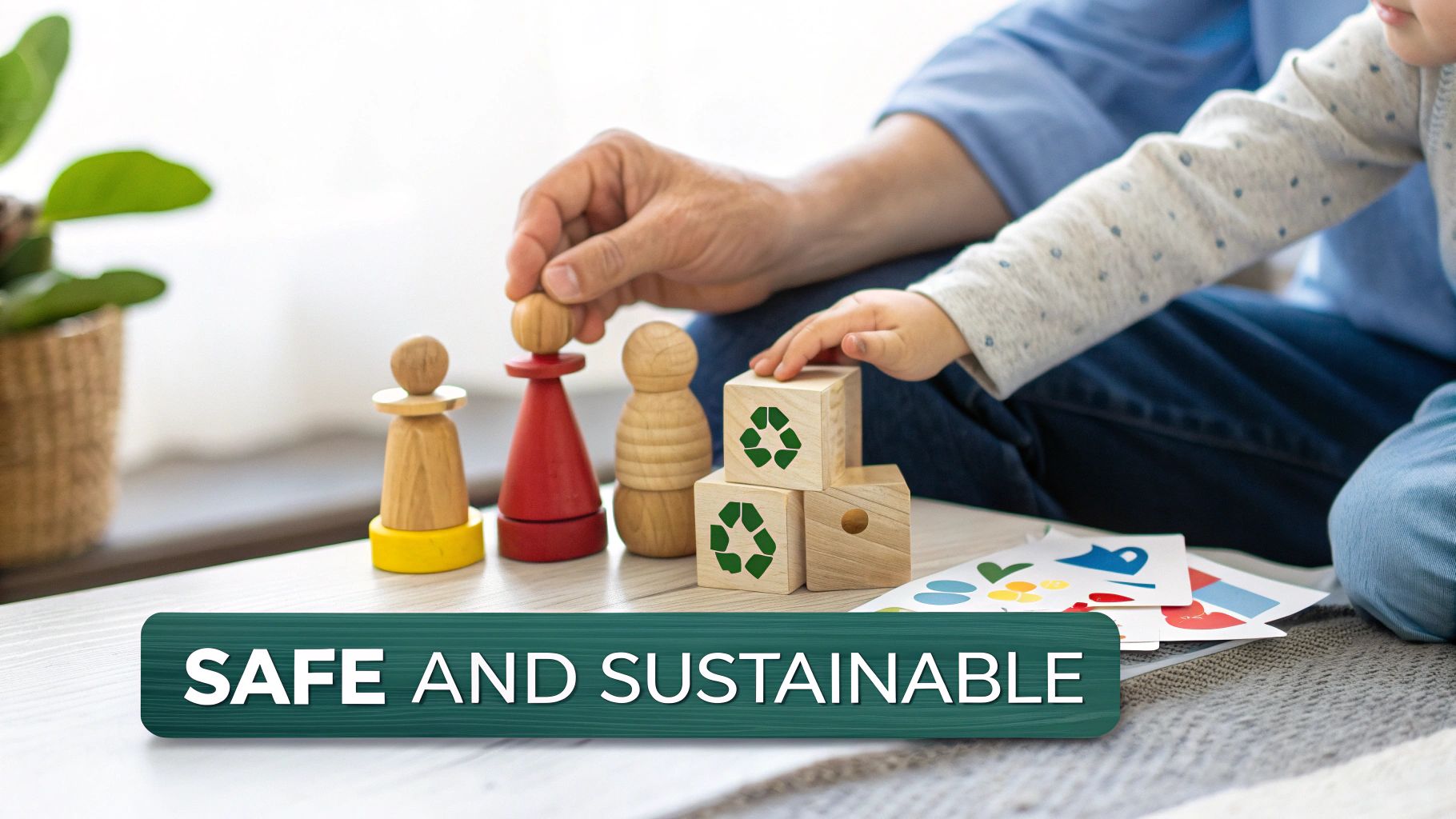Adult and child hands playing with wooden toys and blocks featuring recycling symbols, promoting safe and sustainable play.