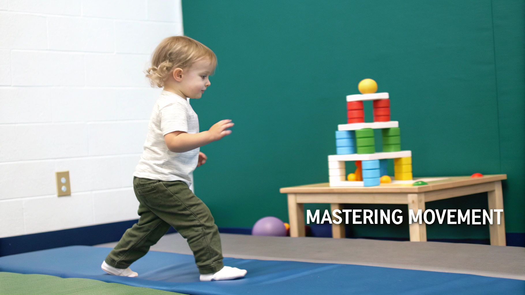 A happy toddler walks on a blue mat towards a colorful block tower, demonstrating early movement skills.