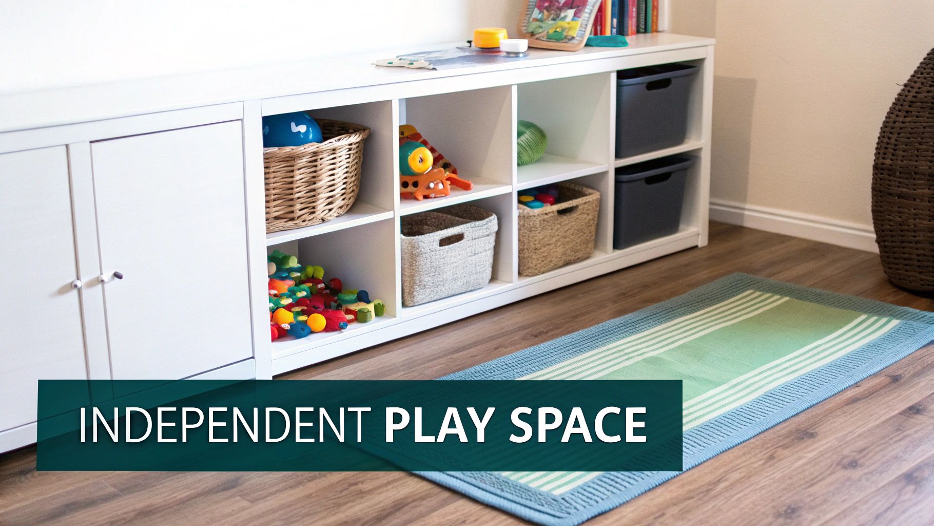 Organized white storage unit with toy baskets and bins creating independent Montessori play space for toddlers