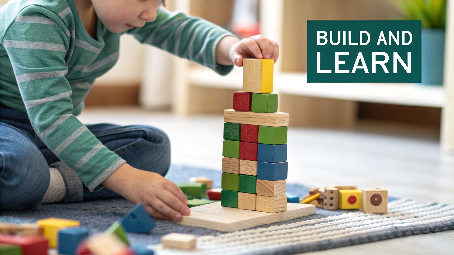 A young child's hands carefully stack colorful wooden building blocks on a rug, creating a tall tower.