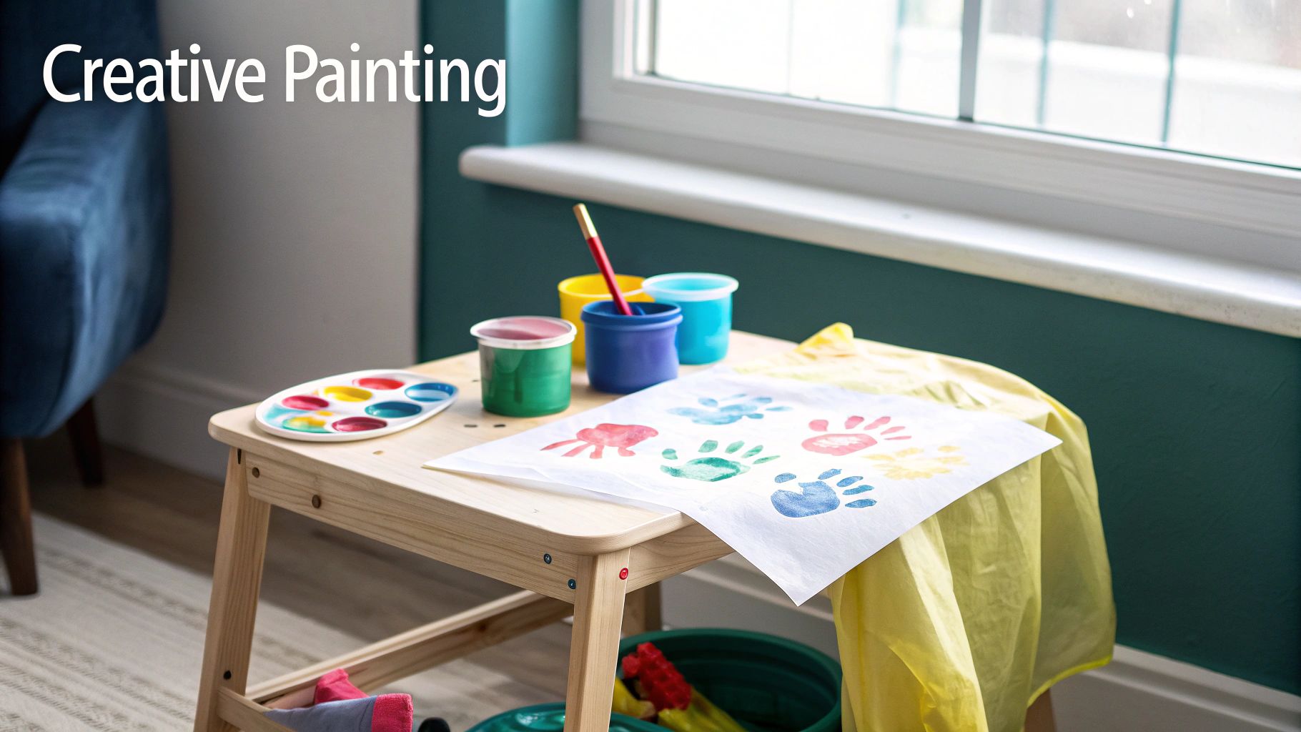 A wooden table displays colorful paint, brushes, a palette, and paper with child handprints, set up for creative painting.