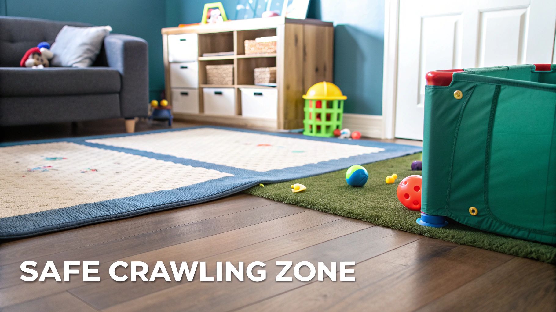 A baby-safe crawling zone with a playmat, green turf, toys, and a playard in a nursery.