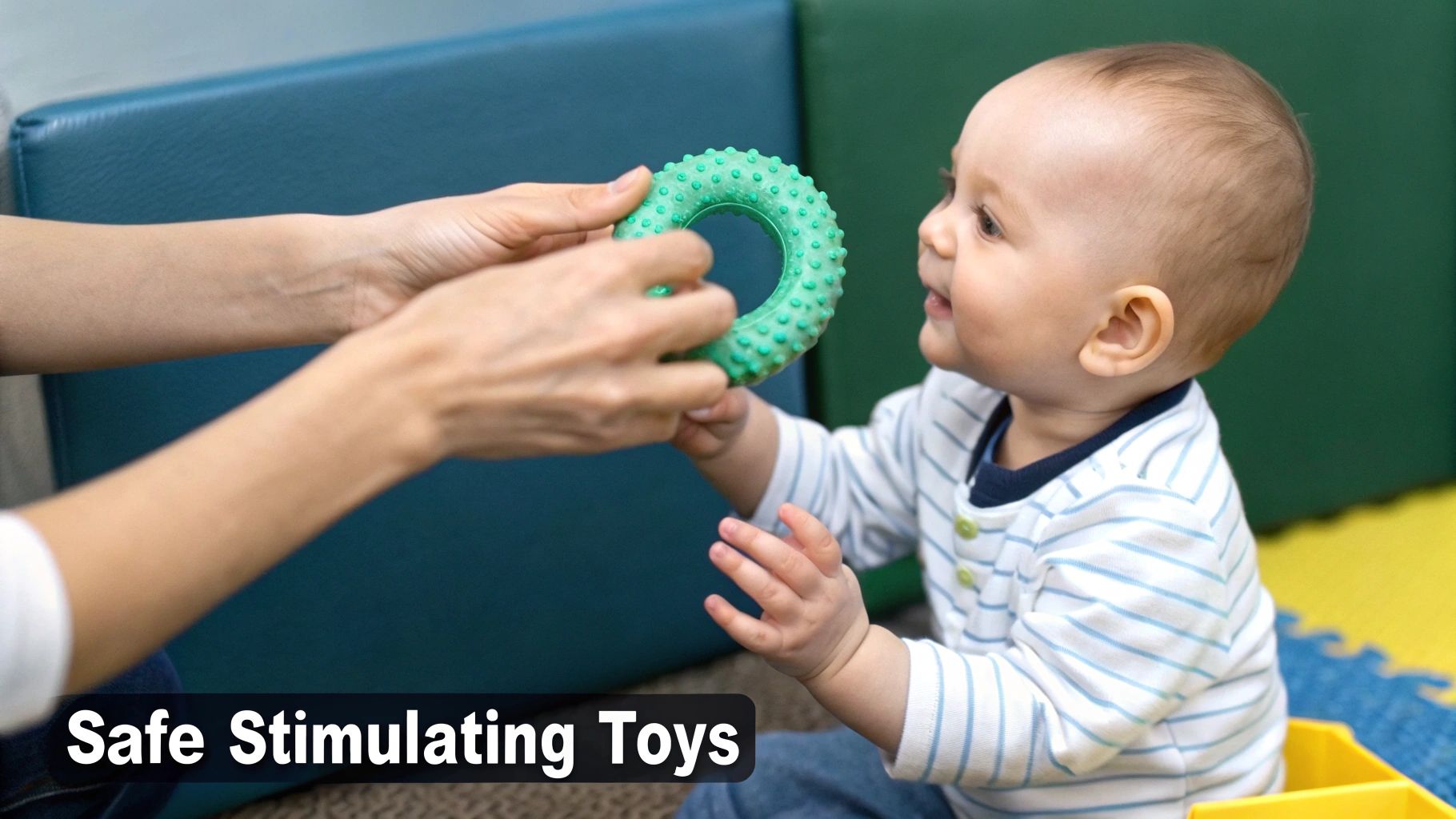 Baby playing safely with colourful stacking rings.