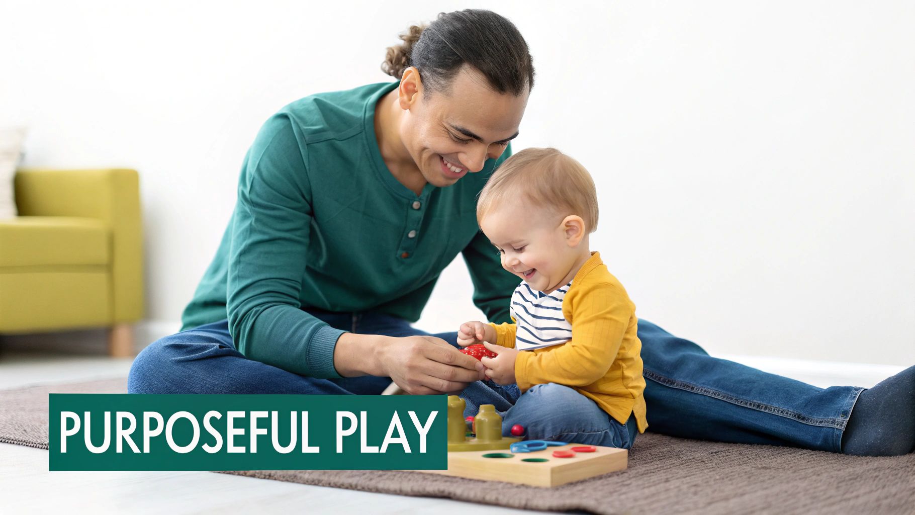 A smiling father and baby engaging in purposeful play with colorful learning toys on a rug.