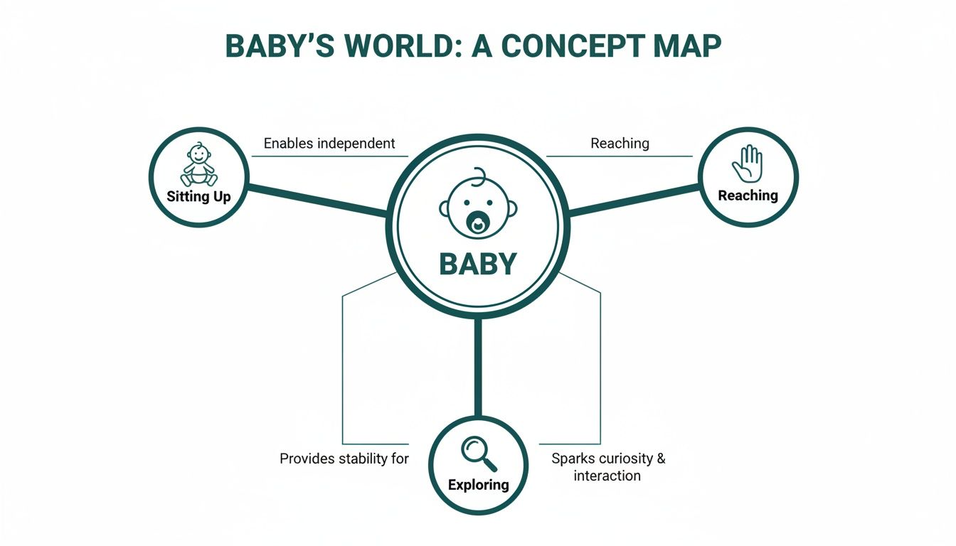 A concept map illustrating a baby's developmental milestones like sitting up, reaching, and exploring.