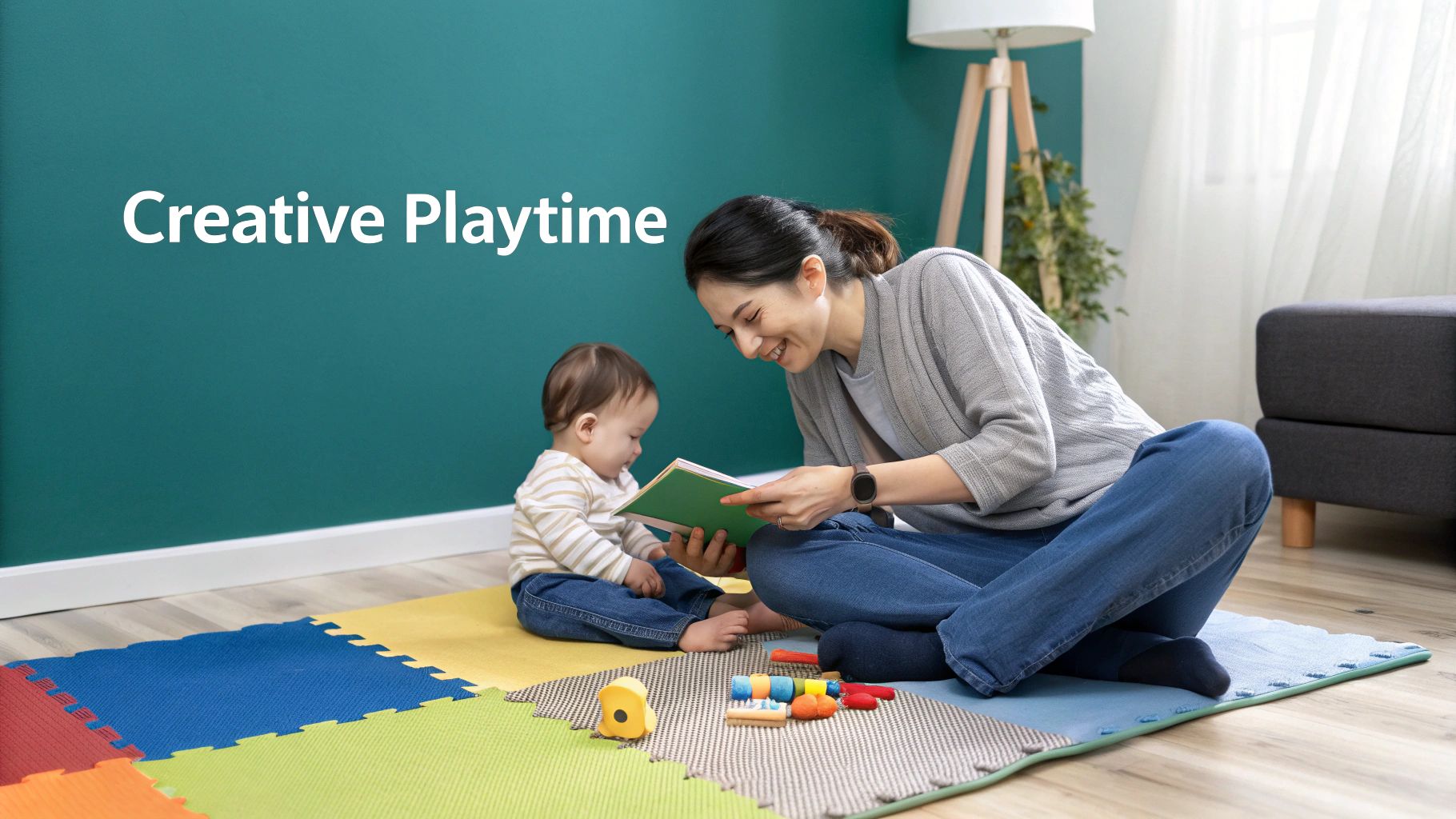 A smiling woman reads a book to a baby on a colorful playmat surrounded by toys.