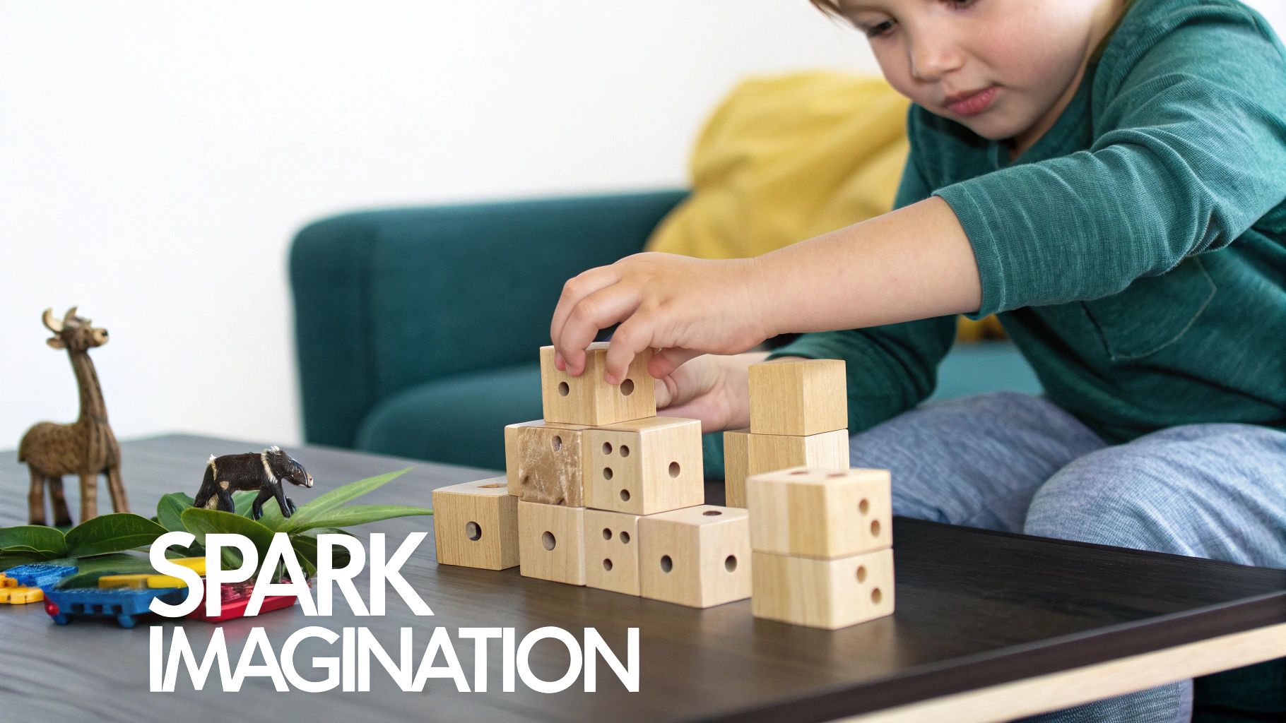 A young child concentrates while playing with a stack of wooden building blocks on a table.