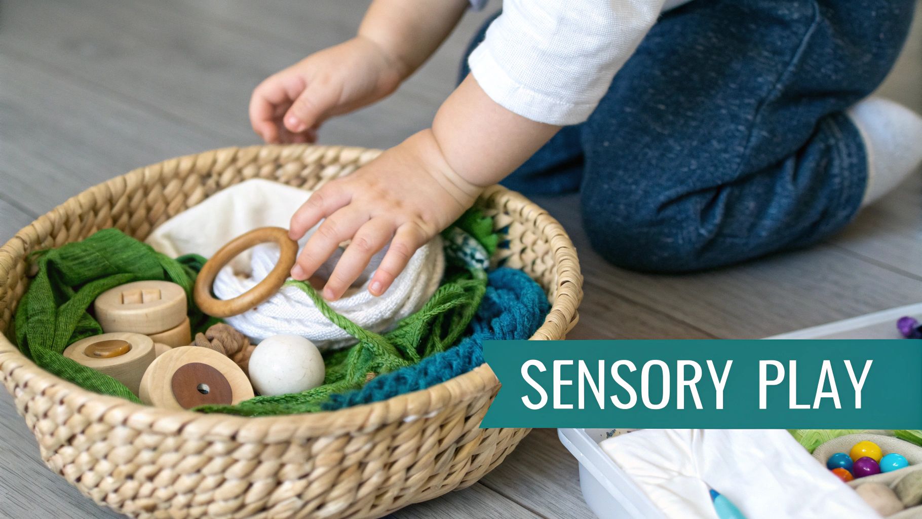 Toddler's hands exploring a wicker basket filled with various natural sensory play items on the floor.
