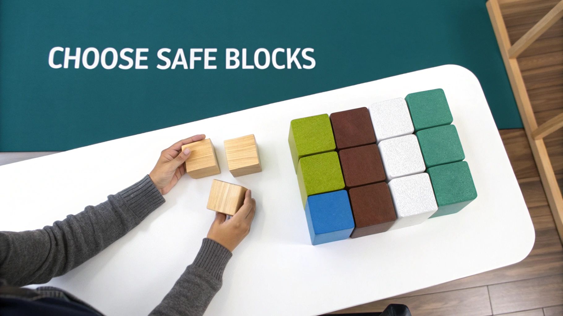 A person's hands selecting natural wooden blocks next to a grid of colorful building blocks.