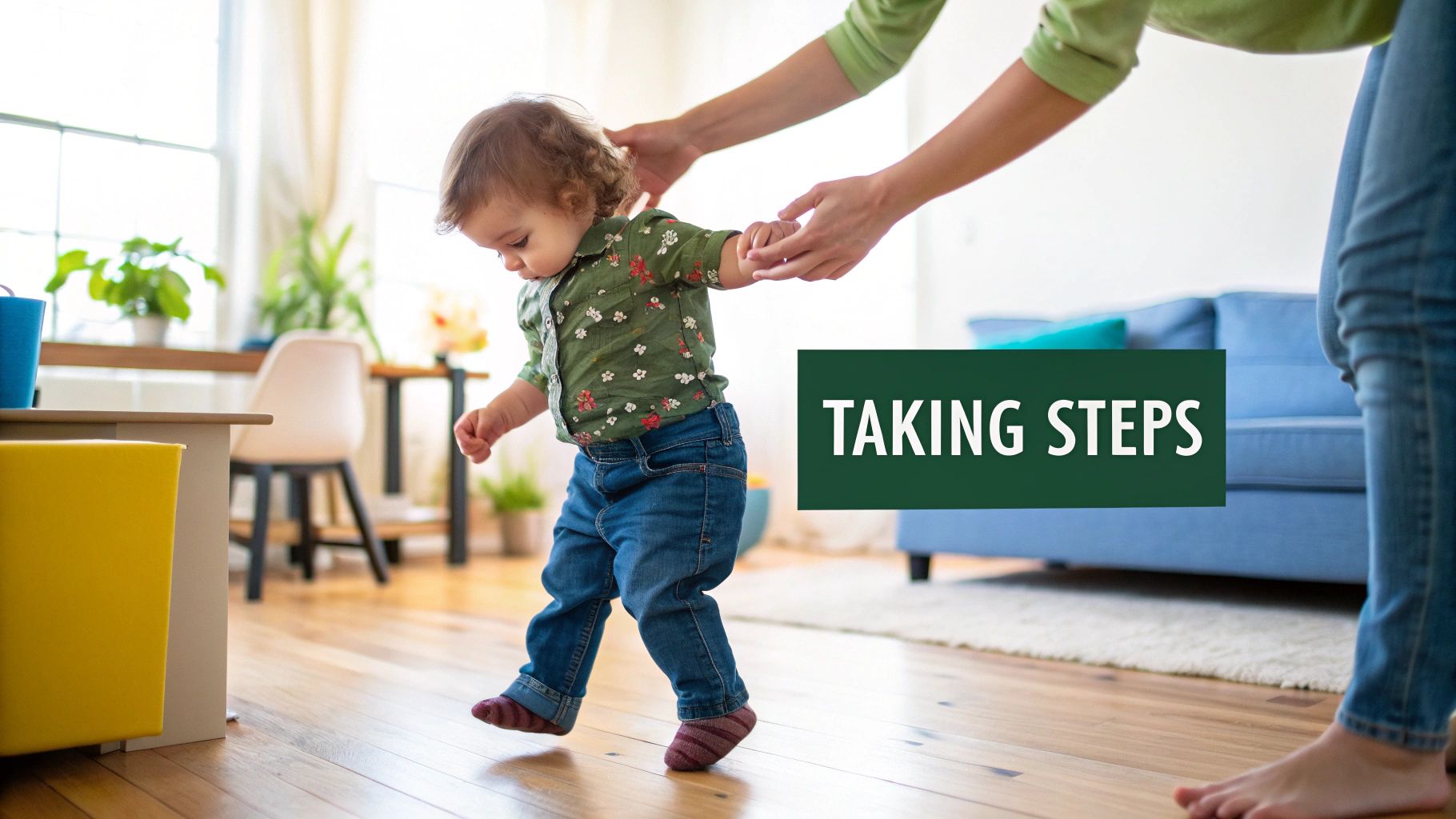 A parent holds a baby's hands, helping the toddler learn to walk on a wooden floor indoors.
