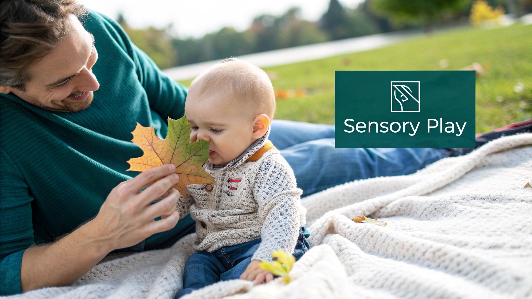 A smiling father and baby playing with a colorful autumn leaf on a blanket outdoors.