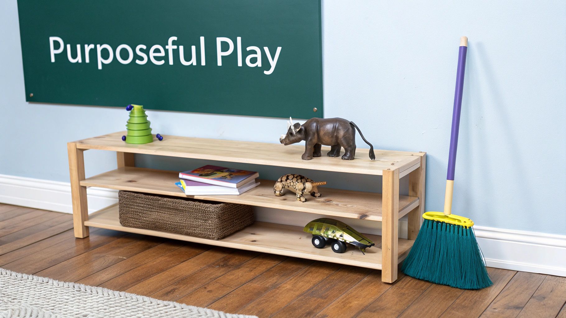 A toddler playing with a wooden Montessori shape sorter on a colourful rug