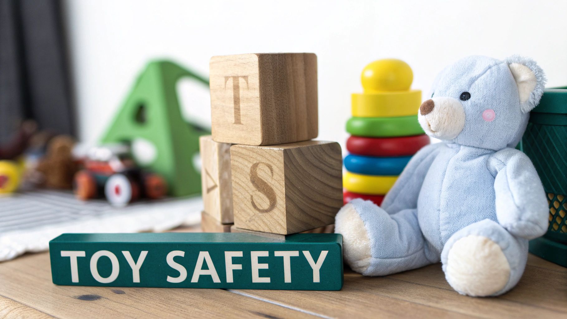 A light blue teddy bear sits next to wooden blocks spelling 'TOY SAFETY' among other colorful children's toys.