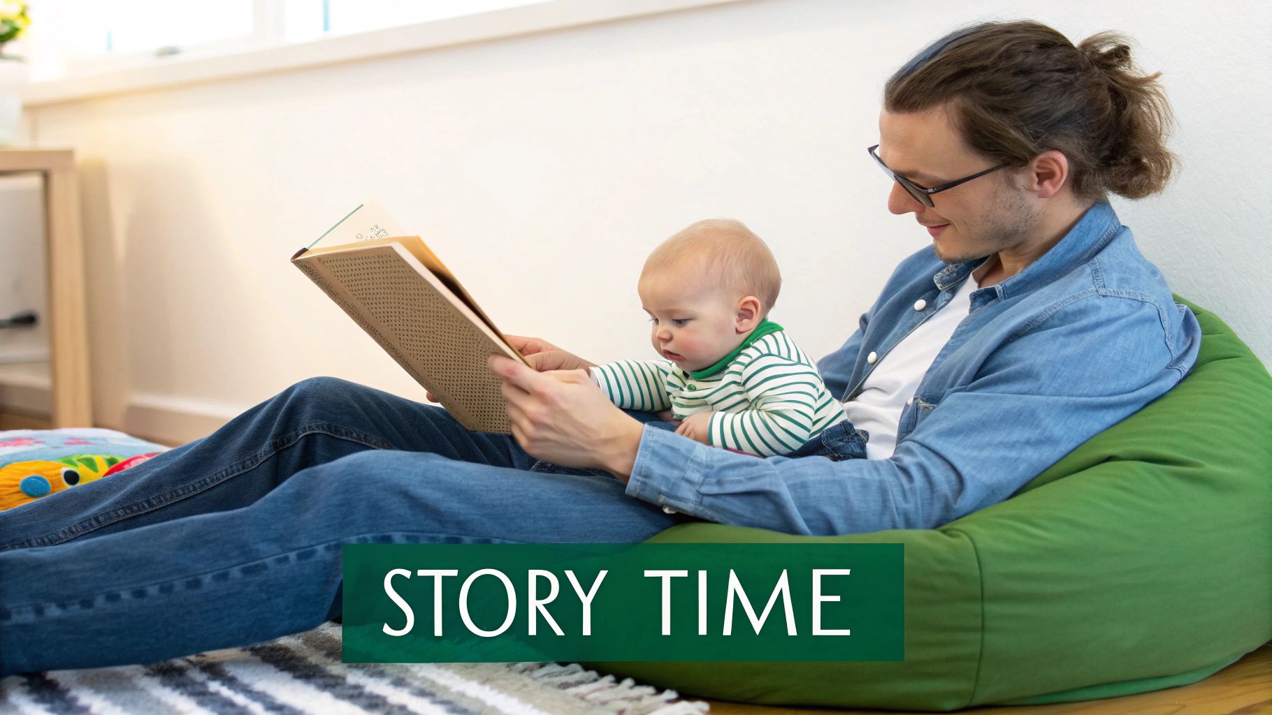 A man in glasses reads a book to a baby sitting on his lap, enjoying story time.
