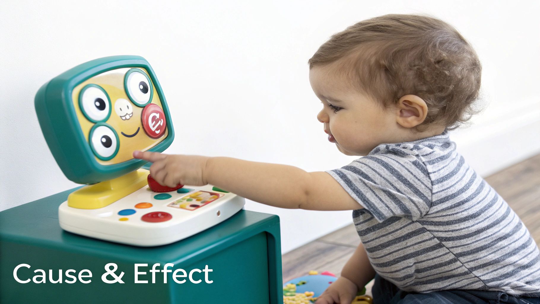 A one-year-old child plays with colourful interactive toys on the floor