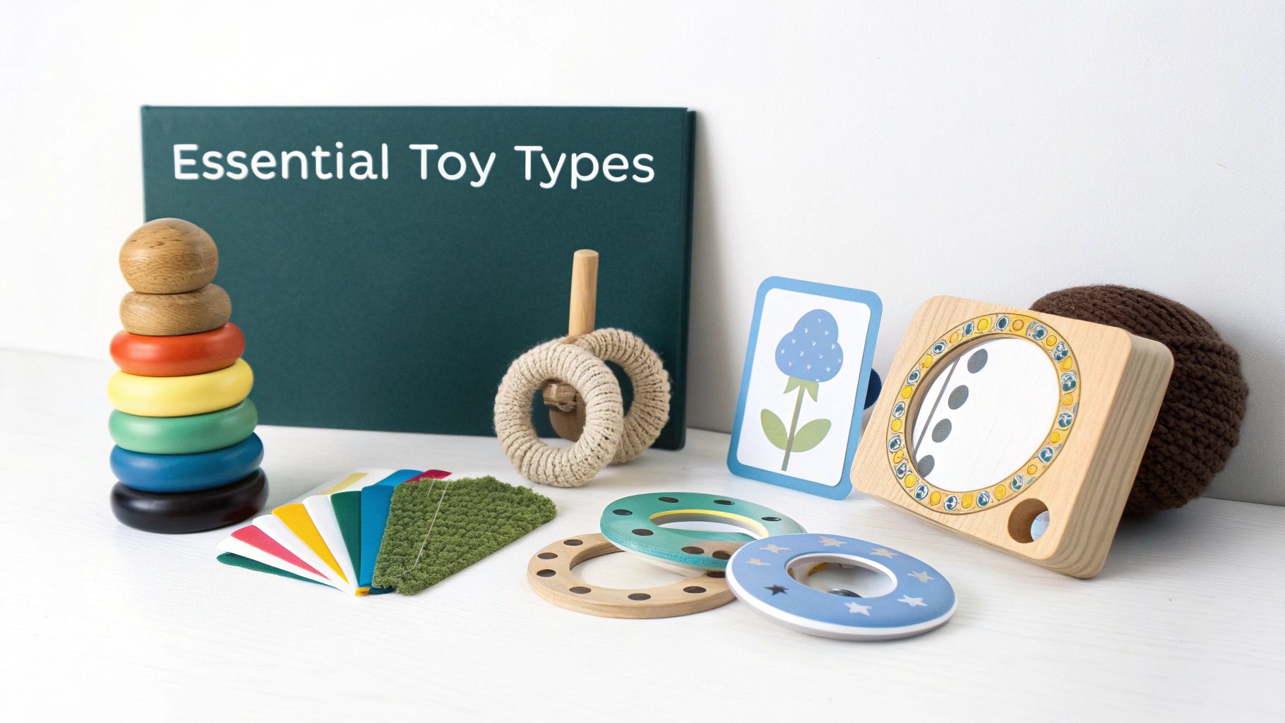 A collection of colourful newborn developmental toys, including a soft rattle and high-contrast cards.