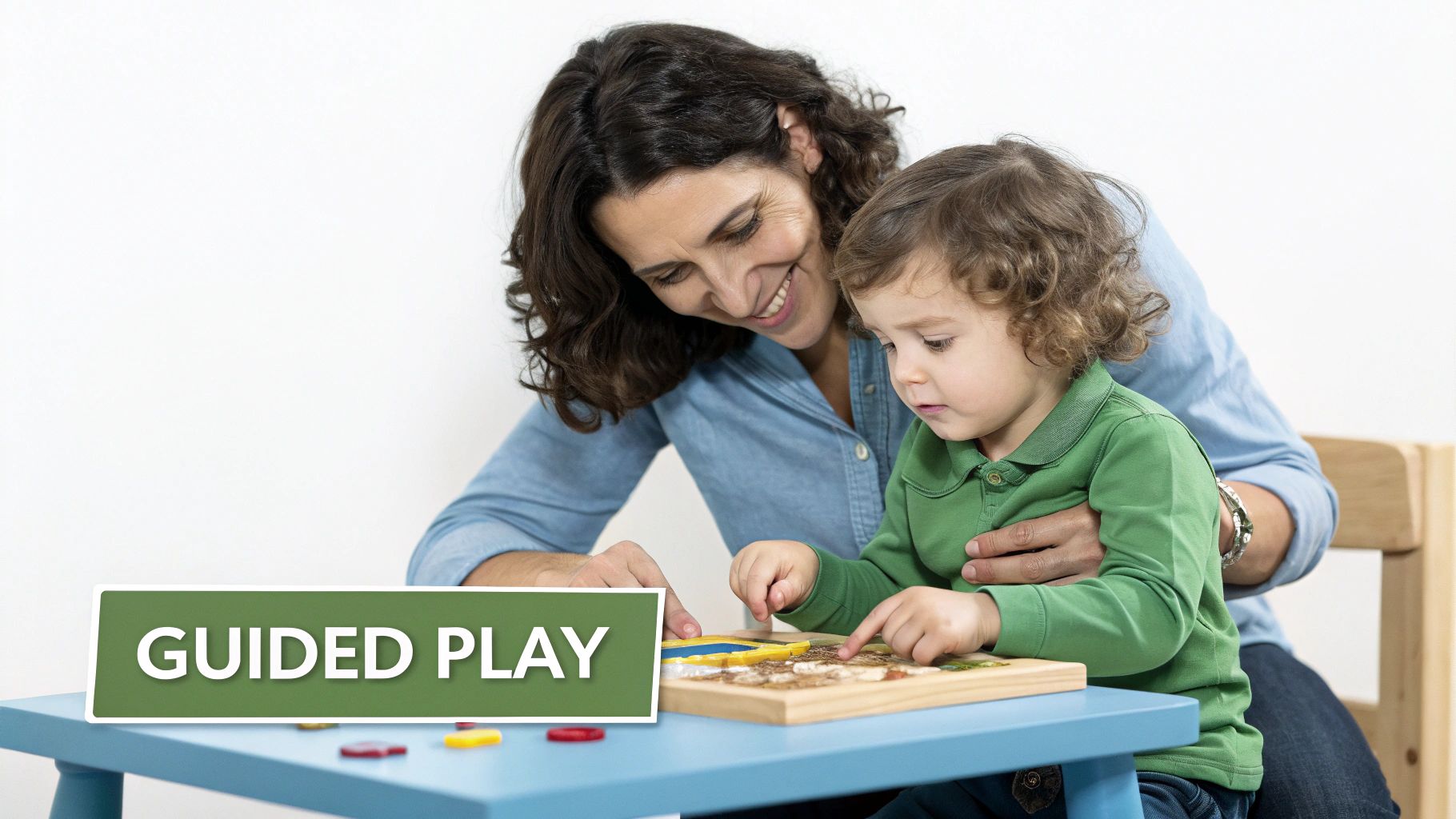 A smiling woman gently guides a young child learning with a wooden puzzle toy.