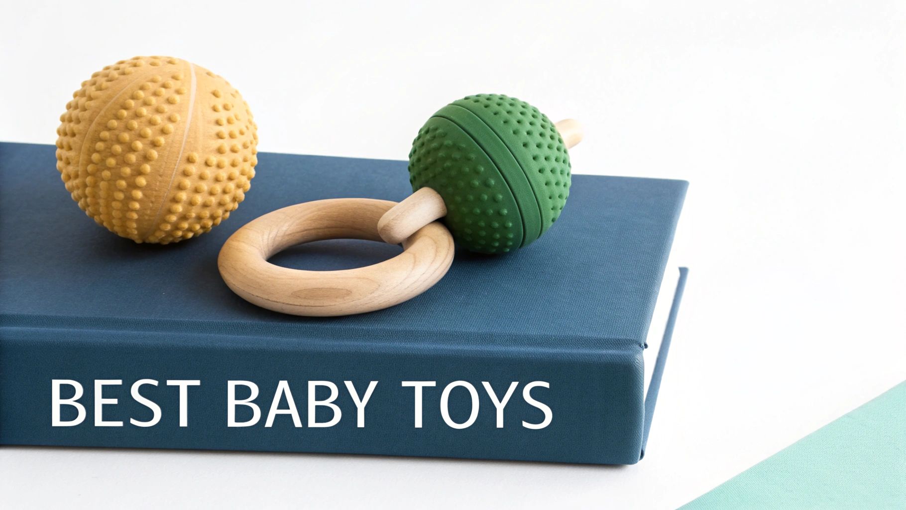 A yellow textured ball and a green textured rattle with a wooden ring, resting on a blue book.