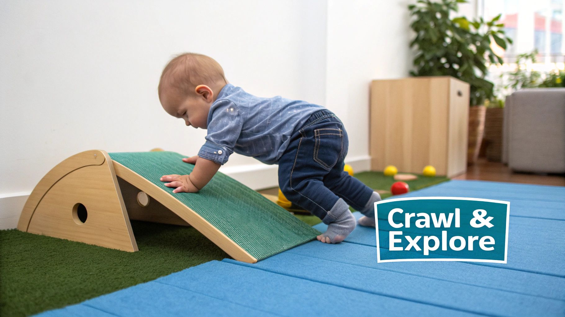 An infant explores a gross motor play structure, crawling up a green-carpeted ramp.