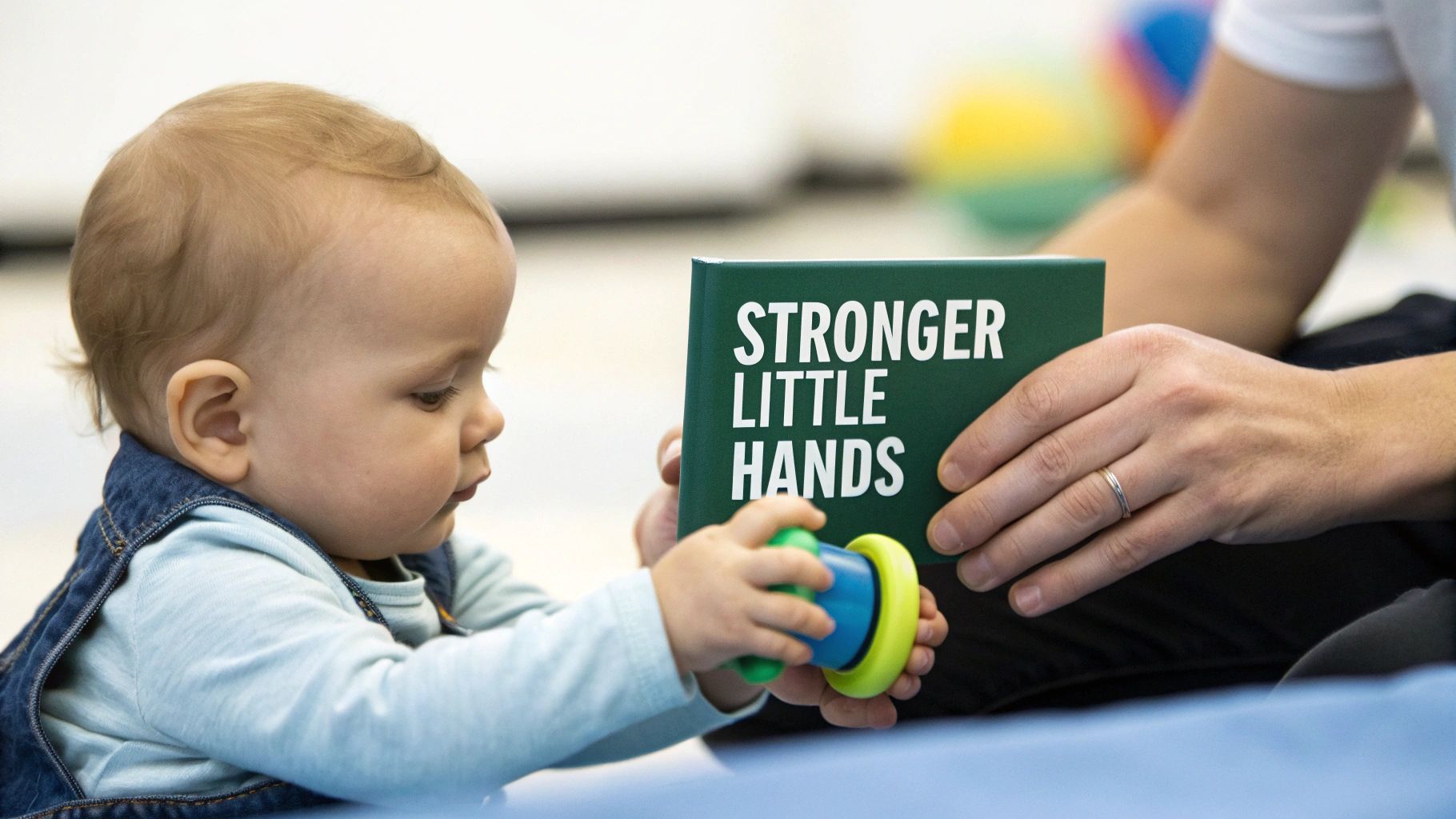Baby holding colorful toy while adult shows Stronger Little Hands book for motor skill development