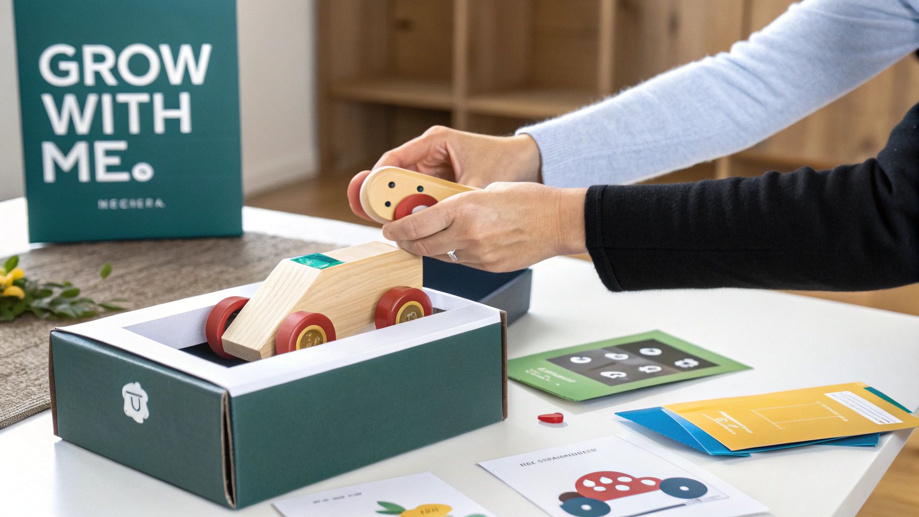 Hands assemble a wooden toy car from a "Grow With Me" children's subscription box on a white table.