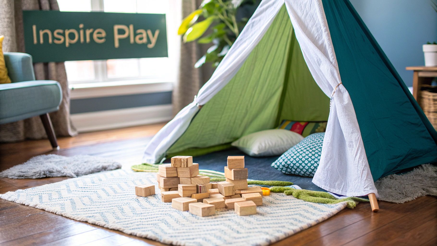 A cozy play area with a teepee tent, wooden blocks on a rug, and an "Inspire Play" sign.