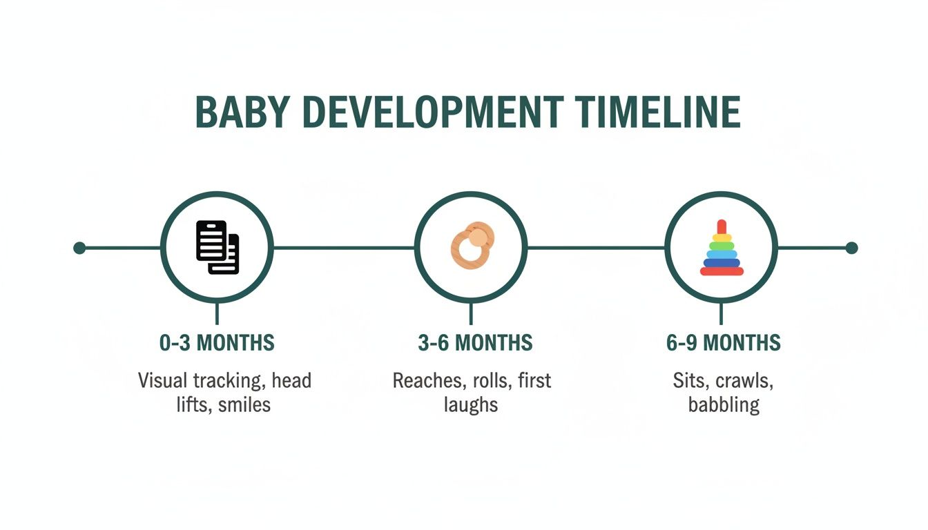 Infographic showing a baby development timeline from 0 to 9 months with key milestones.